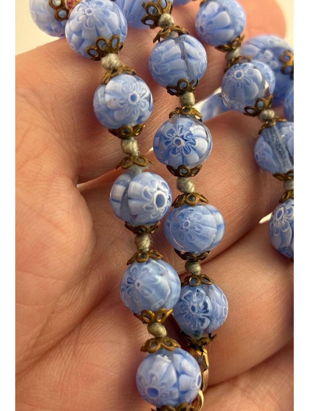 Vintage Blue Millefiori Venetian Textured Graduated Glass Bead 24" Necklace - Picture 6 of 12